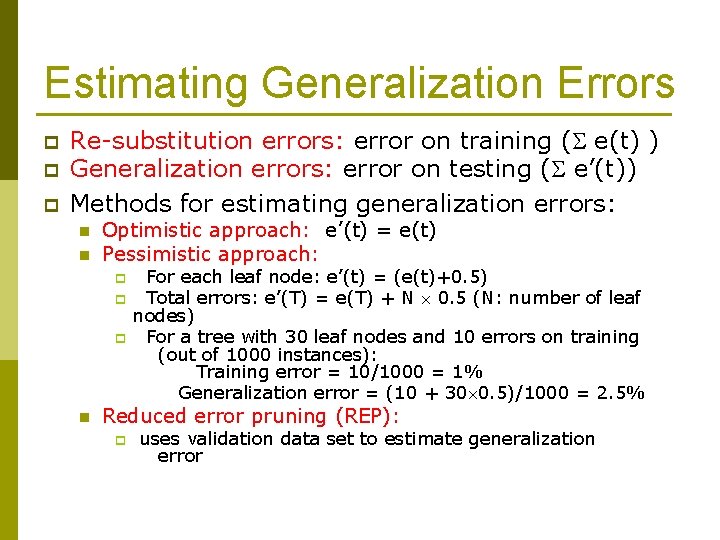 Estimating Generalization Errors p p p Re-substitution errors: error on training ( e(t) )