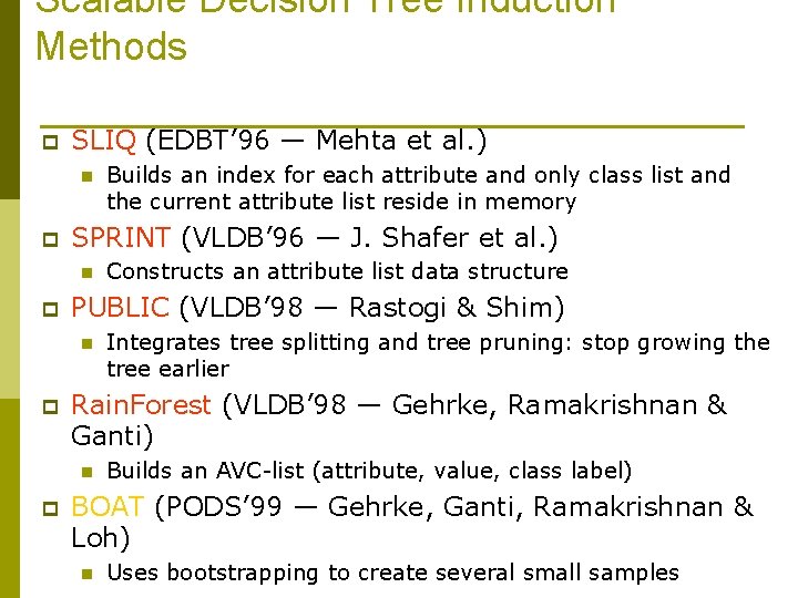 Scalable Decision Tree Induction Methods p SLIQ (EDBT’ 96 — Mehta et al. )