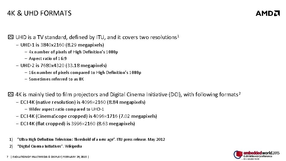 4 K & UHD FORMATS UHD is a TV standard, defined by ITU, and