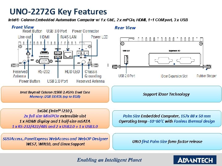UNO-2272 G Key Features Intel® Celeron Embedded Automation Computer w/ 1 x Gb. E,