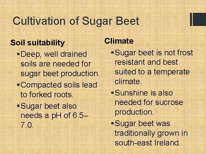 Cultivation of Sugar Beet Climate Soil suitability § Sugar beet is not frost §