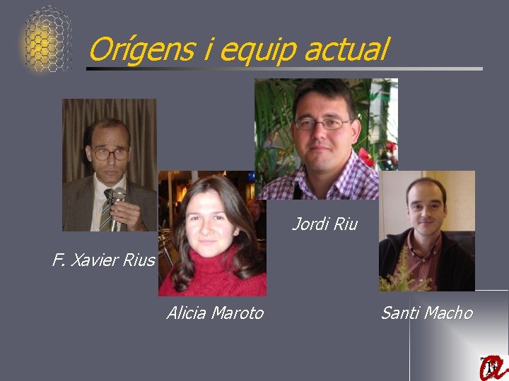 Orígens i equip actual Jordi Riu F. Xavier Rius Alicia Maroto Santi Macho 