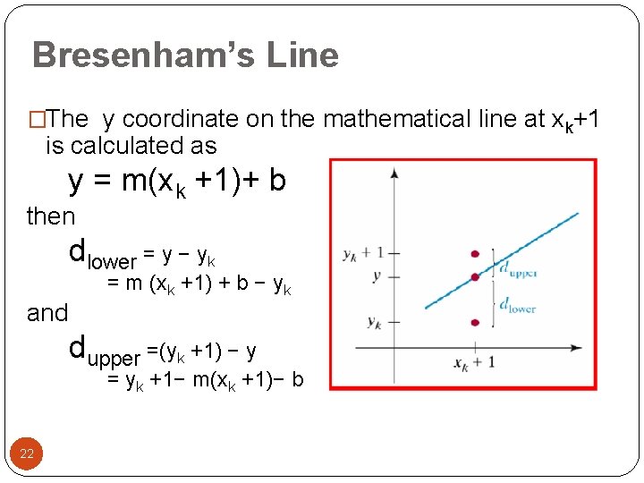 Bresenham’s Line �The y coordinate on the mathematical line at xk+1 is calculated as