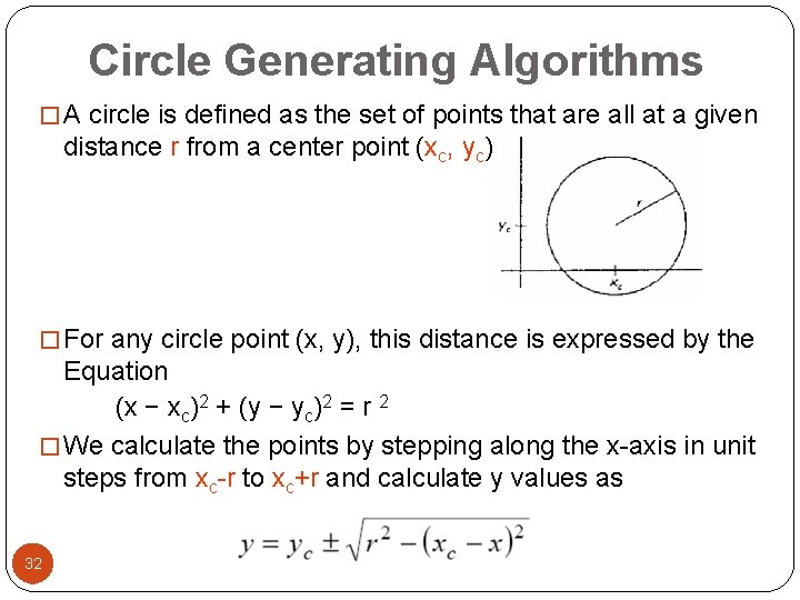 Circle Generating Algorithms � A circle is defined as the set of points that