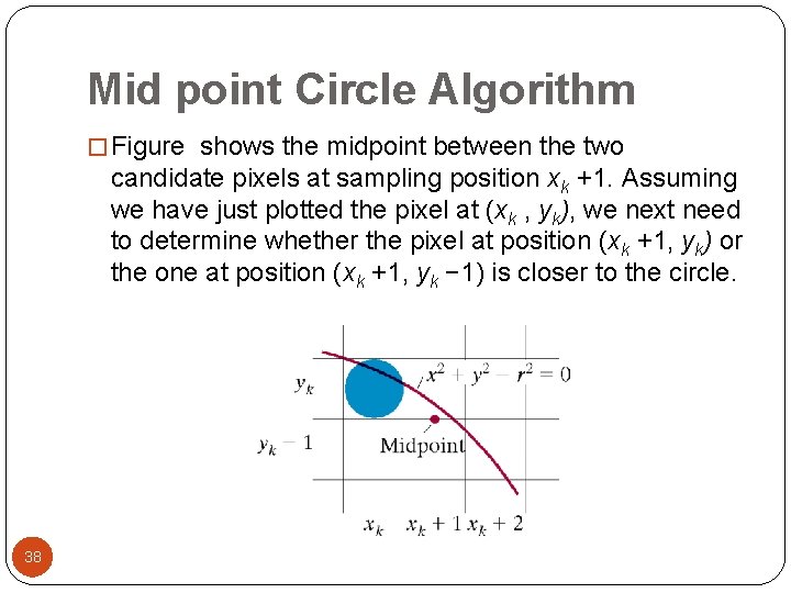 Mid point Circle Algorithm � Figure shows the midpoint between the two candidate pixels