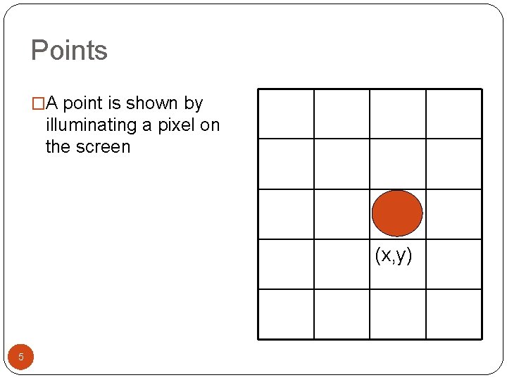 Points �A point is shown by illuminating a pixel on the screen (x, y)