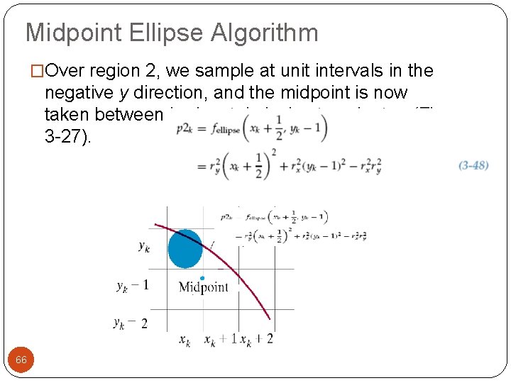 Midpoint Ellipse Algorithm �Over region 2, we sample at unit intervals in the negative