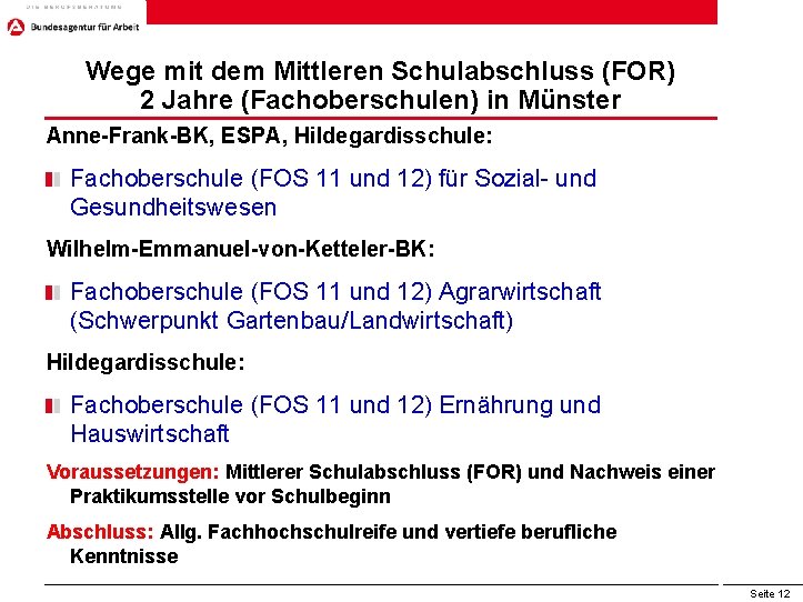 Wege mit dem Mittleren Schulabschluss (FOR) 2 Jahre (Fachoberschulen) in Münster Anne-Frank-BK, ESPA, Hildegardisschule: