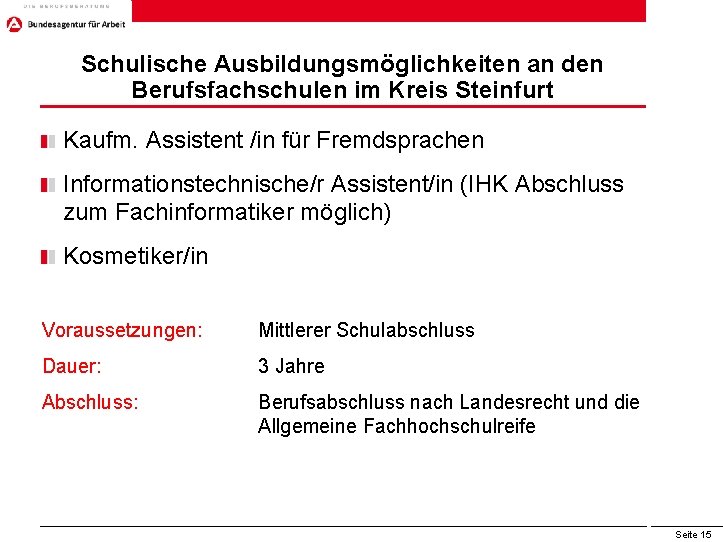 Schulische Ausbildungsmöglichkeiten an den Berufsfachschulen im Kreis Steinfurt Kaufm. Assistent /in für Fremdsprachen Informationstechnische/r