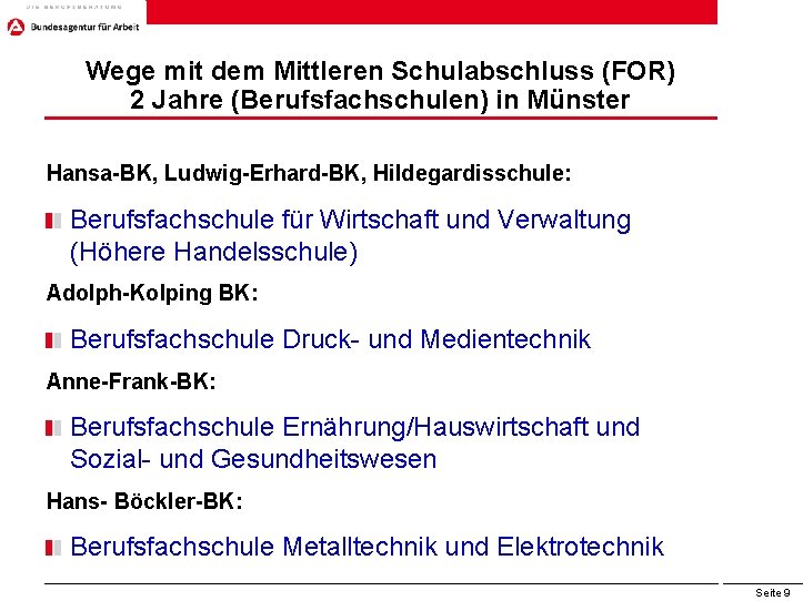 Wege mit dem Mittleren Schulabschluss (FOR) 2 Jahre (Berufsfachschulen) in Münster Hansa-BK, Ludwig-Erhard-BK, Hildegardisschule: