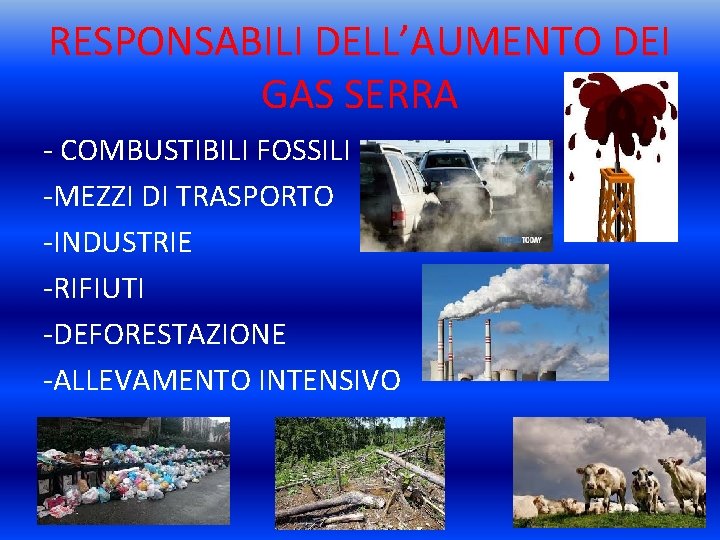 RESPONSABILI DELL’AUMENTO DEI GAS SERRA - COMBUSTIBILI FOSSILI -MEZZI DI TRASPORTO -INDUSTRIE -RIFIUTI -DEFORESTAZIONE