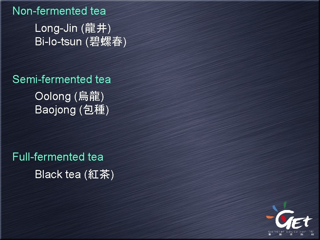 Non-fermented tea Long-Jin (龍井) Bi-lo-tsun (碧螺春) Semi-fermented tea Oolong (烏龍) Baojong (包種) Full-fermented tea