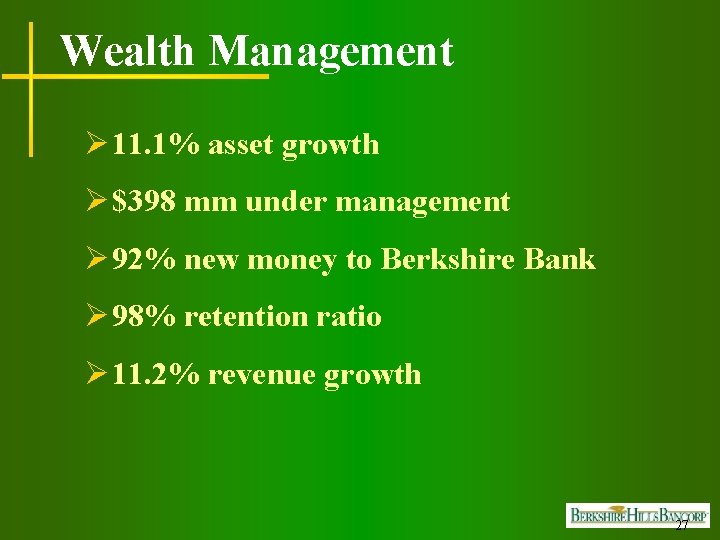 Wealth Management Ø 11. 1% asset growth Ø $398 mm under management Ø 92%