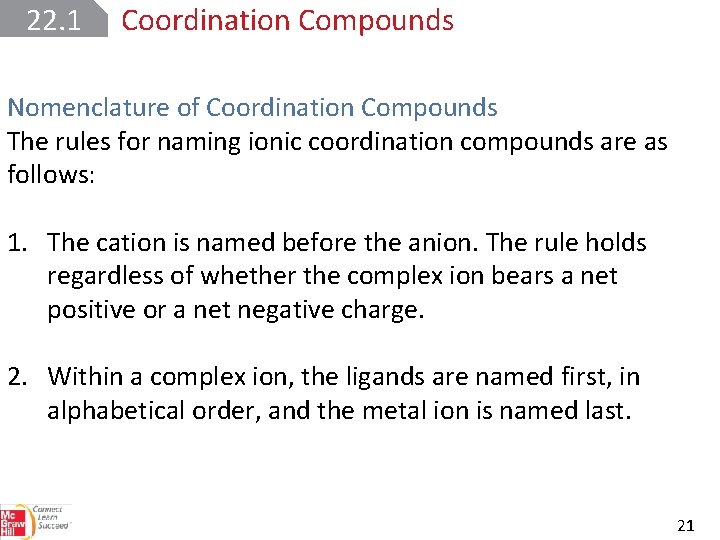 22. 1 Coordination Compounds Nomenclature of Coordination Compounds The rules for naming ionic coordination