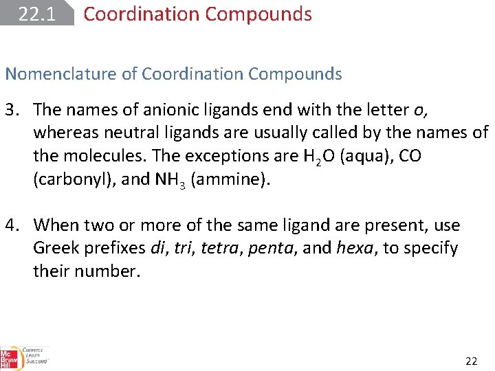 22. 1 Coordination Compounds Nomenclature of Coordination Compounds 3. The names of anionic ligands