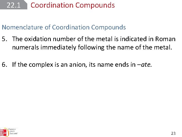 22. 1 Coordination Compounds Nomenclature of Coordination Compounds 5. The oxidation number of the