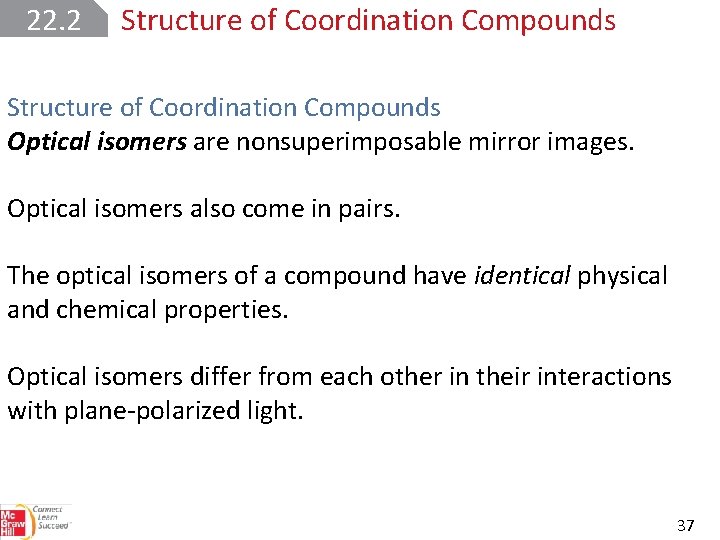 22. 2 Structure of Coordination Compounds Optical isomers are nonsuperimposable mirror images. Optical isomers