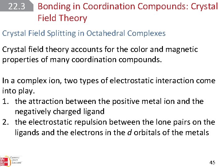 22. 3 Bonding in Coordination Compounds: Crystal Field Theory Crystal Field Splitting in Octahedral