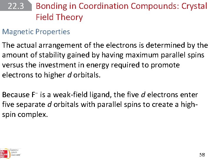 22. 3 Bonding in Coordination Compounds: Crystal Field Theory Magnetic Properties The actual arrangement