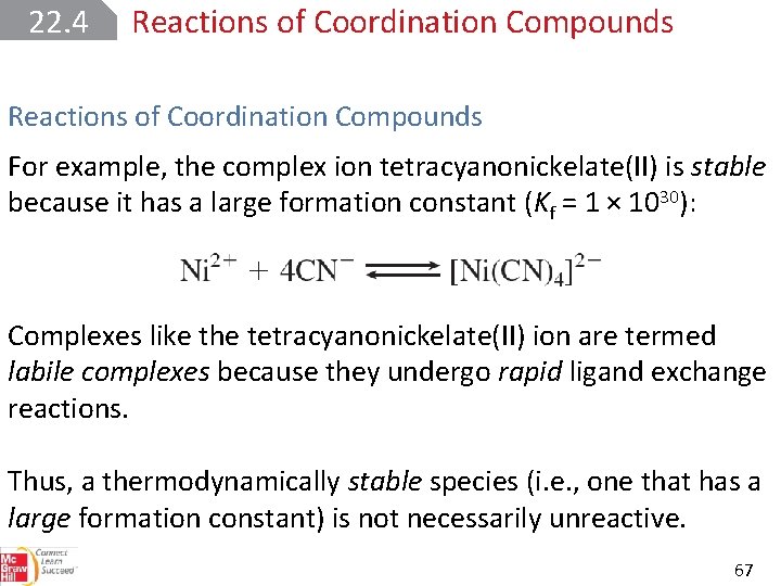 22. 4 Reactions of Coordination Compounds For example, the complex ion tetracyanonickelate(II) is stable