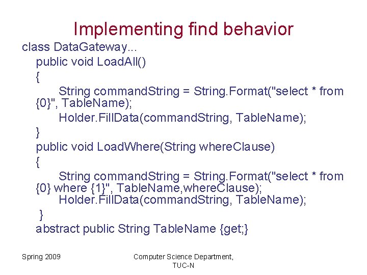 Implementing find behavior class Data. Gateway. . . public void Load. All() { String