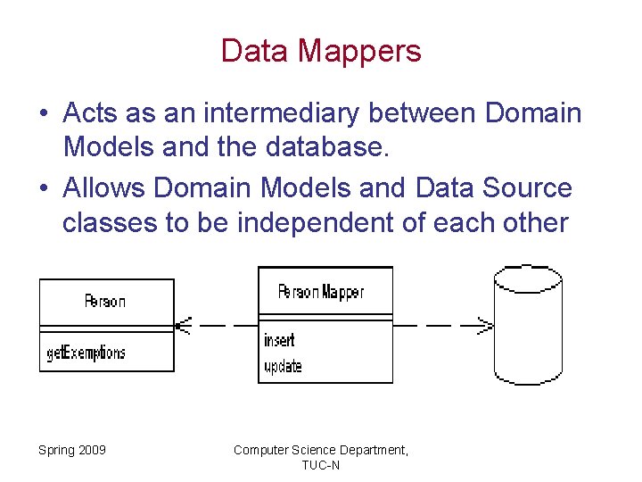 Data Mappers • Acts as an intermediary between Domain Models and the database. •