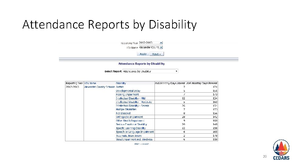 Attendance Reports by Disability 20 
