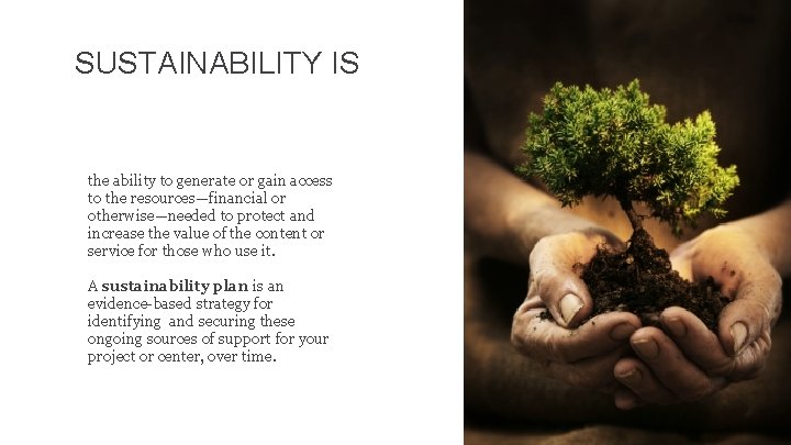 SUSTAINABILITY IS the ability to generate or gain access to the resources—financial or otherwise—needed