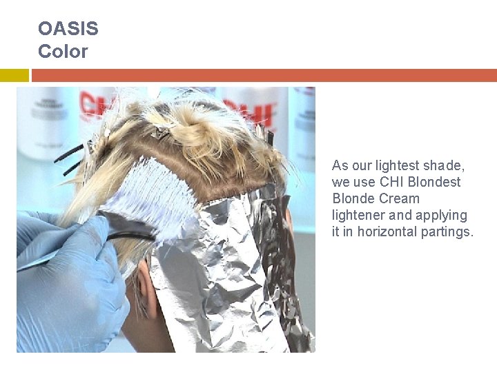 OASIS Color As our lightest shade, we use CHI Blondest Blonde Cream lightener and