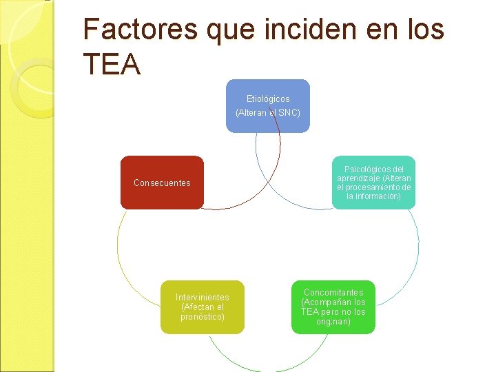 Factores que inciden en los TEA Etiológicos (Alteran el SNC) Consecuentes Intervinientes (Afectan el