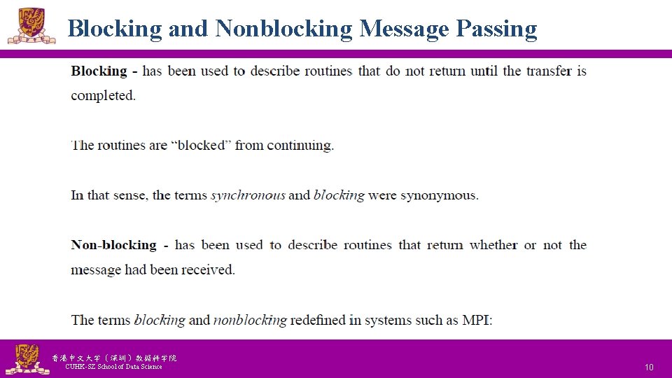 Blocking and Nonblocking Message Passing 香港中文大学(深圳)数据科学院 CUHK-SZ School of Data Science National Tsing Hua Blocking and Nonblocking Message Passing 香港中文大学(深圳)数据科学院 CUHK-SZ School of Data Science National Tsing Hua