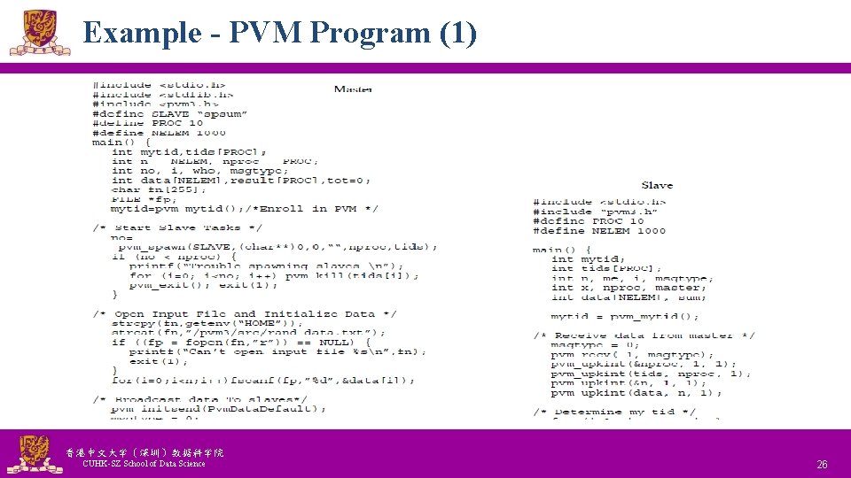 Example - PVM Program (1) 香港中文大学(深圳)数据科学院 CUHK-SZ School of Data Science National Tsing Hua Example - PVM Program (1) 香港中文大学(深圳)数据科学院 CUHK-SZ School of Data Science National Tsing Hua