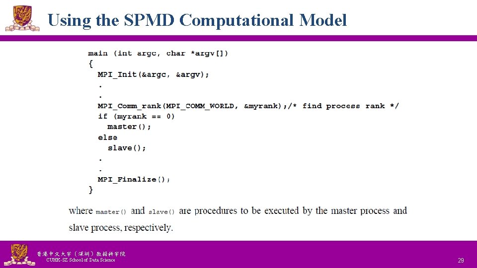 Using the SPMD Computational Model 香港中文大学(深圳)数据科学院 CUHK-SZ School of Data Science National Tsing Hua Using the SPMD Computational Model 香港中文大学(深圳)数据科学院 CUHK-SZ School of Data Science National Tsing Hua