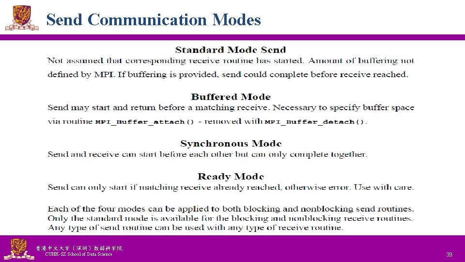 Send Communication Modes 香港中文大学(深圳)数据科学院 CUHK-SZ School of Data Science National Tsing Hua University ® Send Communication Modes 香港中文大学(深圳)数据科学院 CUHK-SZ School of Data Science National Tsing Hua University ®