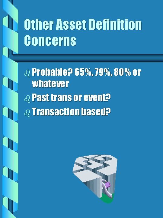 Other Asset Definition Concerns b Probable? 65%, 79%, 80% or whatever b Past trans