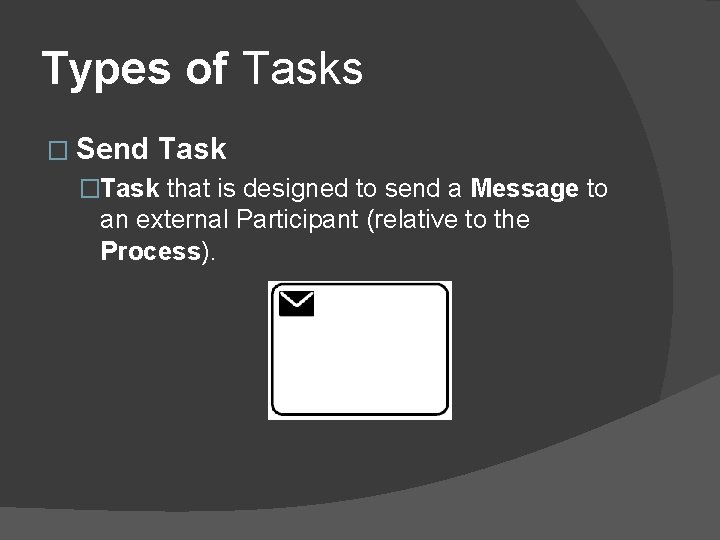 Types of Tasks � Send Task �Task that is designed to send a Message Types of Tasks � Send Task �Task that is designed to send a Message