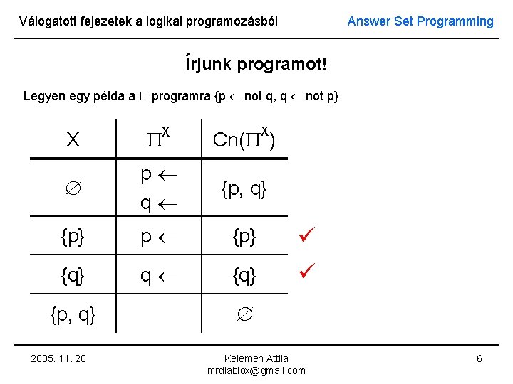 Válogatott fejezetek a logikai programozásból Answer Set Programming Írjunk programot! Legyen egy példa a