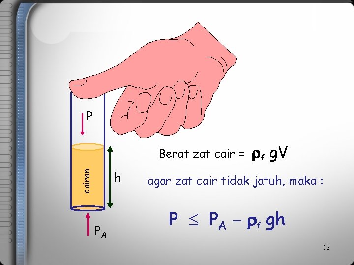 P Berat zat cair = cairan h PA f g. V agar zat cair