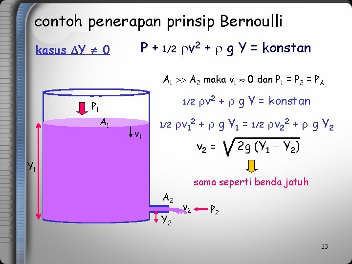 contoh penerapan prinsip Bernoulli kasus Y 0 P+ 1/2 v 2 + g Y