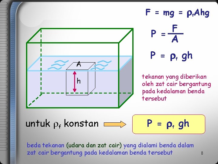 F = mg = f. Ahg F P = A A h untuk f