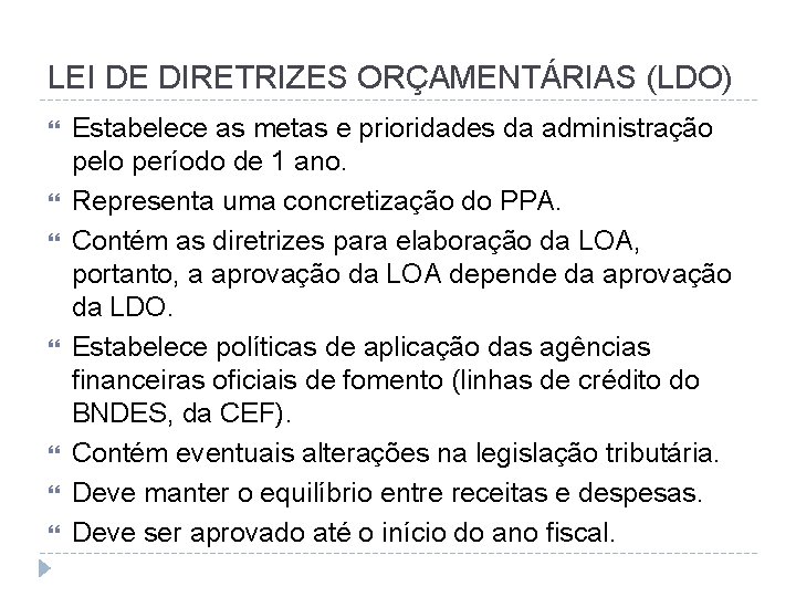 LEI DE DIRETRIZES ORÇAMENTÁRIAS (LDO) Estabelece as metas e prioridades da administração pelo período