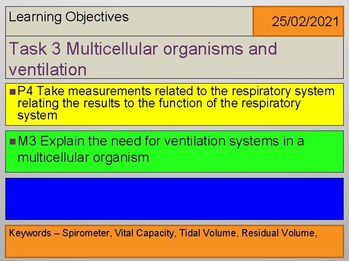 Learning Objectives 25/02/2021 Task 3 Multicellular organisms and ventilation n P 4 Take measurements