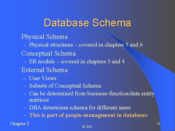 Database Schema l Physical Schema – Physical structures – covered in chapters 5 and
