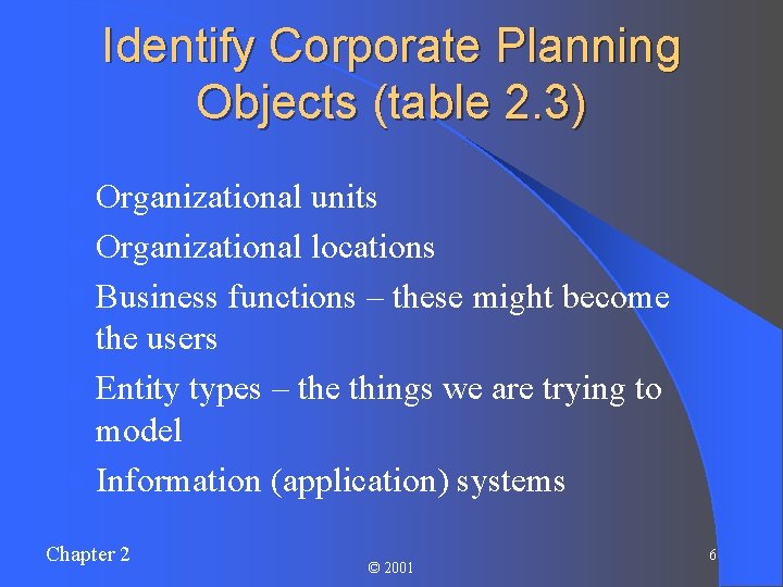 Identify Corporate Planning Objects (table 2. 3) l Organizational units l Organizational locations l