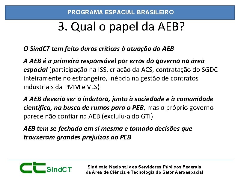 PROGRAMA ESPACIAL BRASILEIRO 3. Qual o papel da AEB? O Sind. CT tem feito