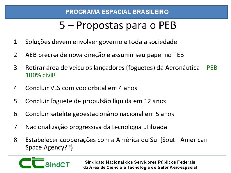 PROGRAMA ESPACIAL BRASILEIRO 5 – Propostas para o PEB 1. Soluções devem envolver governo