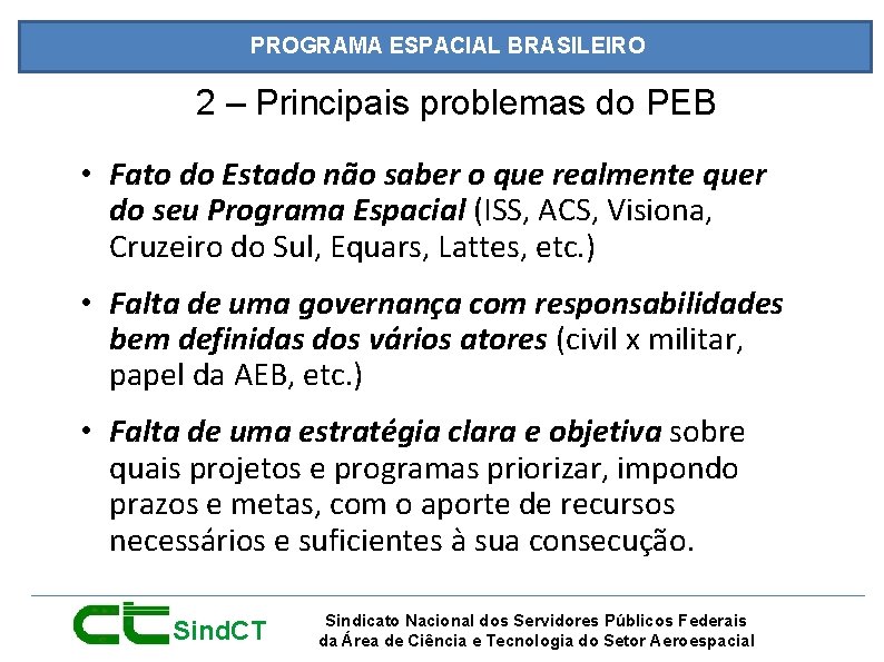 PROGRAMA ESPACIAL BRASILEIRO 2 – Principais problemas do PEB • Fato do Estado não