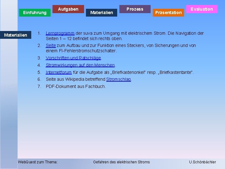 Einführung Materialien Aufgaben Materialien Prozess Präsentation Evaluation 1. Lernprogramm der suva zum Umgang mit