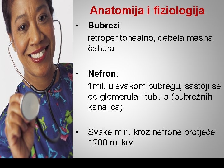 Anatomija i fiziologija • Bubrezi: retroperitonealno, debela masna čahura • Nefron: 1 mil. u