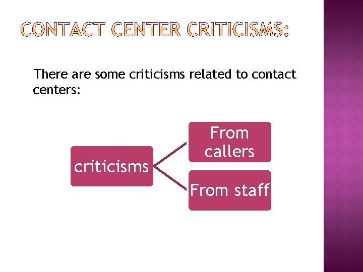 There are some criticisms related to contact centers: criticisms From callers From staff 